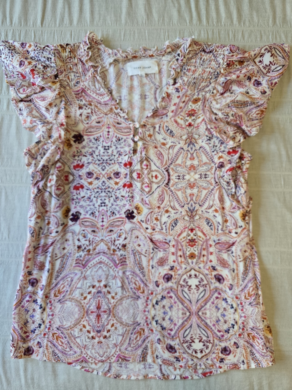 Anthropologie Dear John Pink Paisley Ruffle-Sleeve V-Neck Top Women's Size XS